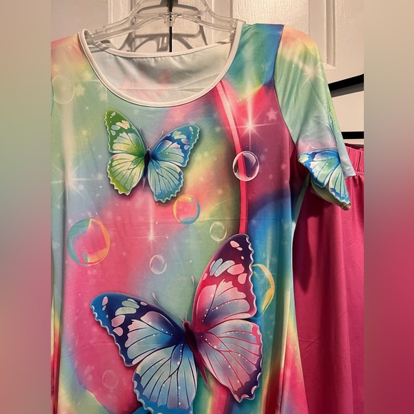 🌈 🦋 PJs OR Loungewear - 2 Pc Set! Short Sleeve Tunic Top & Pink Pants - Picture 5 of 12